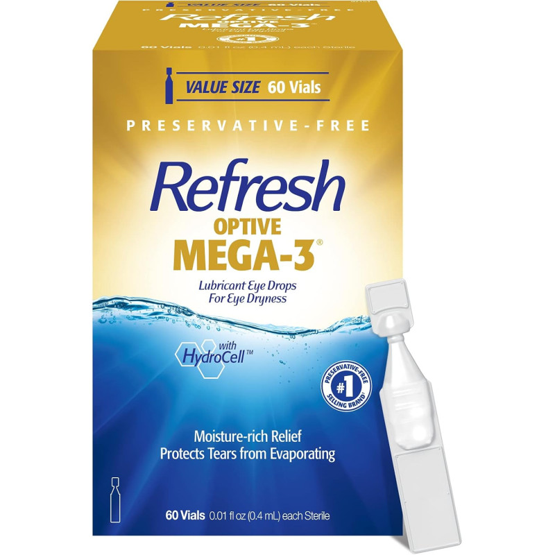 Refresh Optive MEGA-3 - Gotas lubricantes para los ojos, lágrimas artificiales sin conservantes