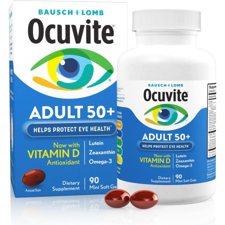 Bausch + Lomb Ocuvite Adult 50+ Suplemento de vitaminas y minerales con luteína, zeaxantina y omega-3, geles suaves, 90 unidades