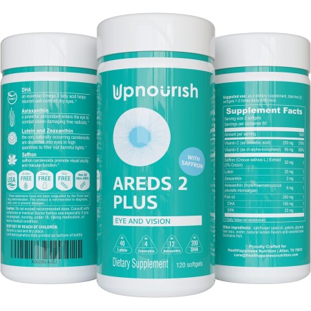 UpNourish AREDS 2+ - Suplemento avanzado de vitamina ocular para salud macular y ojo seco - Luteína, zeaxantina, azafrán,